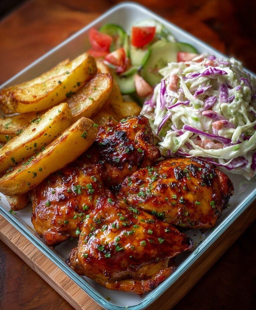Glazed roasted chicken thighs served with potato wedges, coleslaw, and a fresh vegetable salad.
