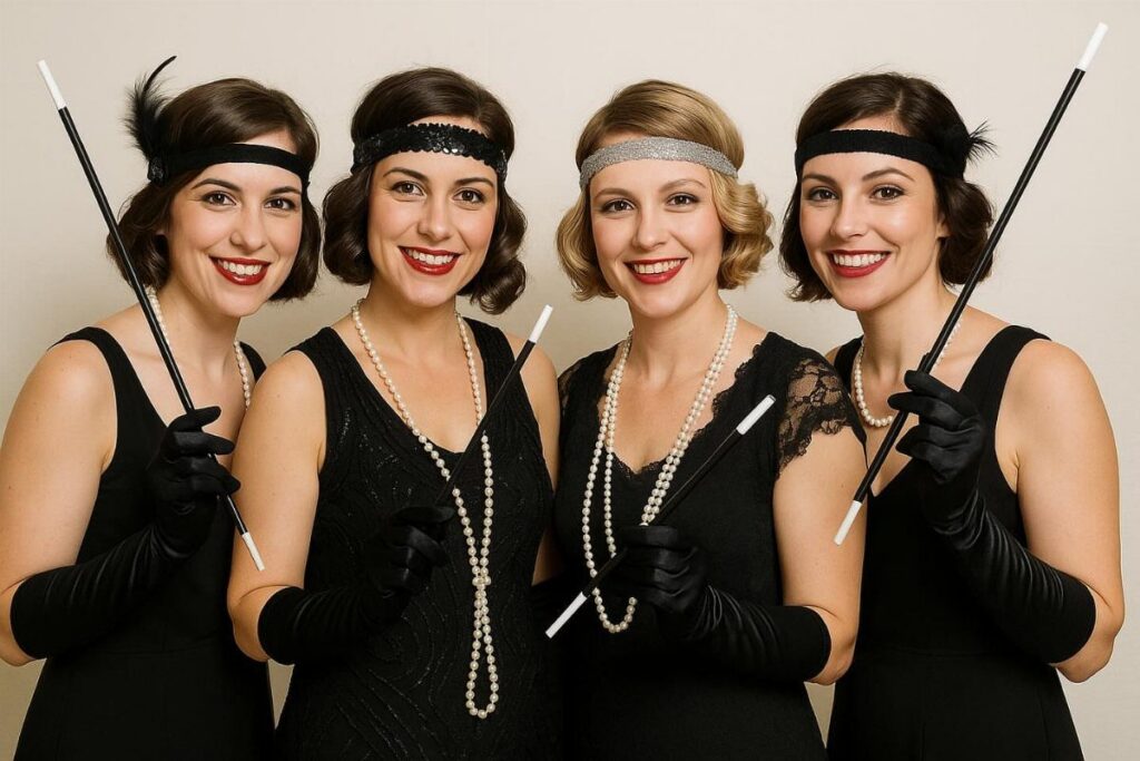 Four women smiling in black flapper costumes with pearls and headbands against a plain background.