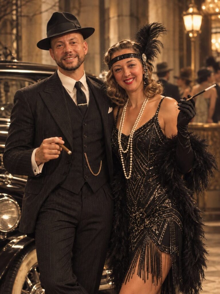 A man in a vintage three-piece lounge suit and a woman in a flapper dress posing together.