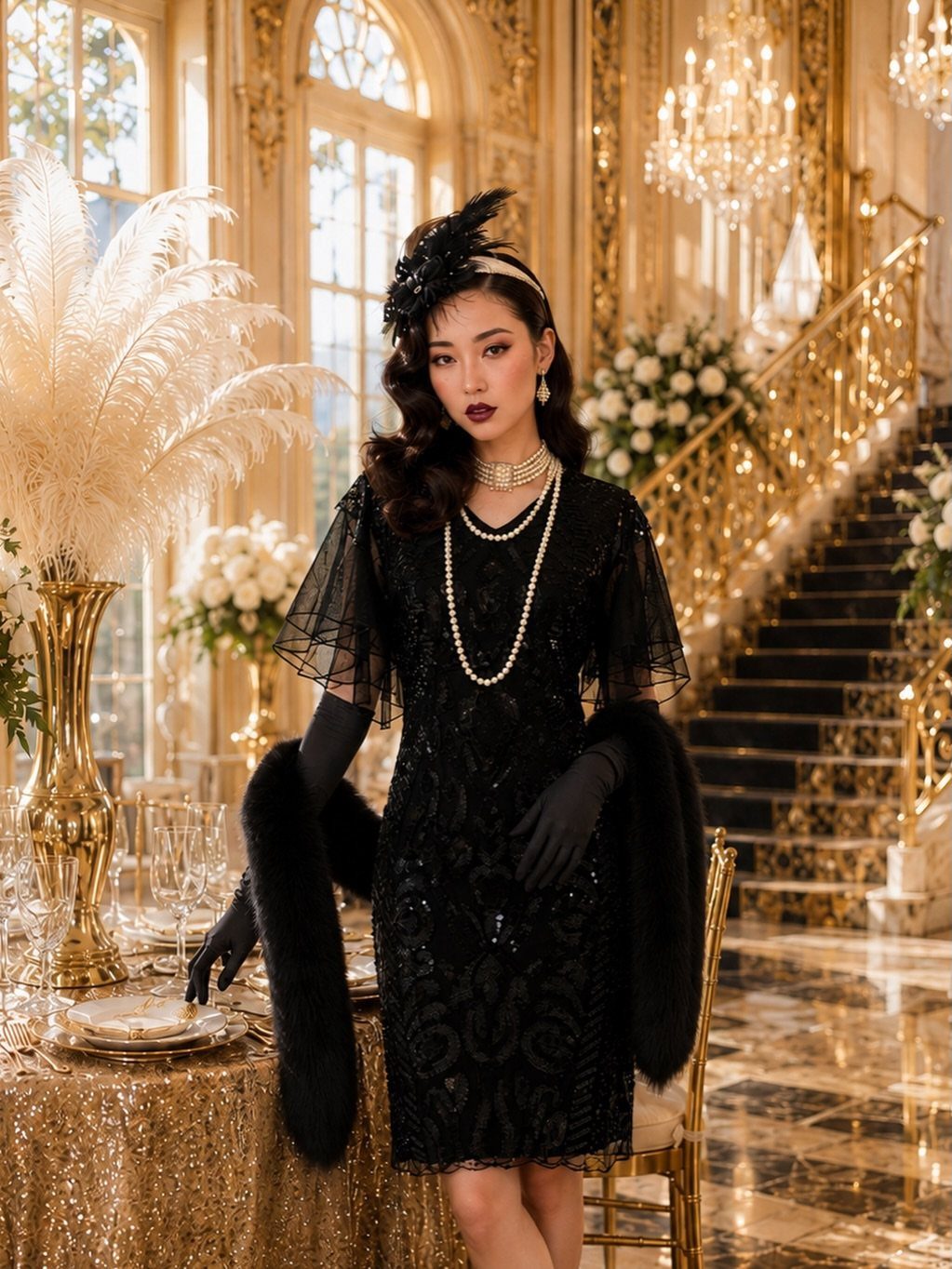 Woman in a black sequined flapper dress and pearls standing in a luxurious gold ballroom.