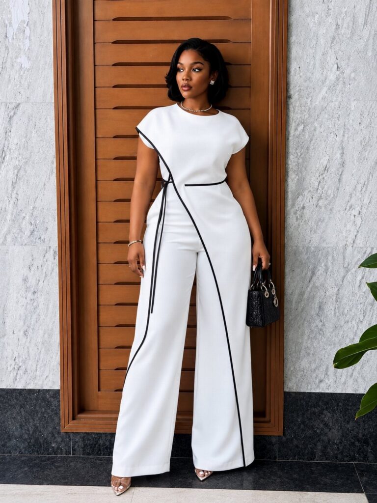A woman wearing a white wide-leg jumpsuit with black trim standing against a wooden door.