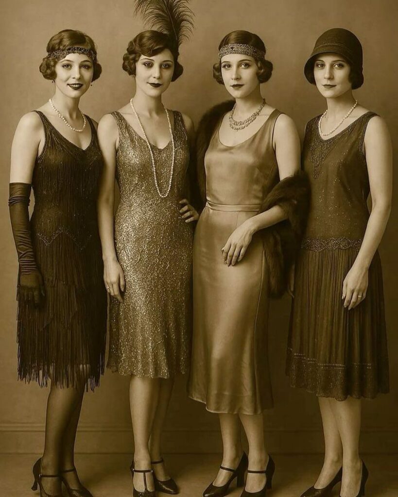 Four women posing in various 1920s flapper dresses and vintage accessories.