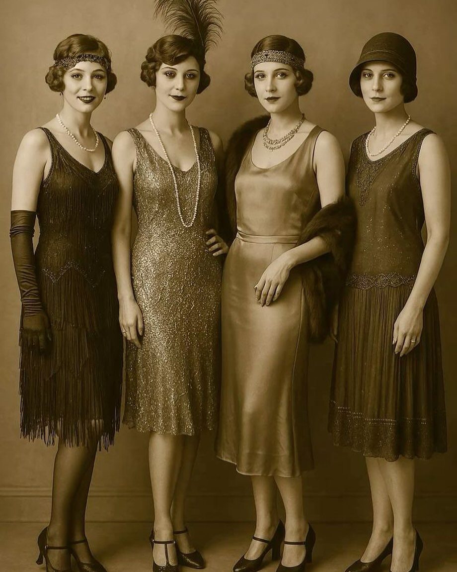 Four women posing in various 1920s flapper dresses and vintage accessories.