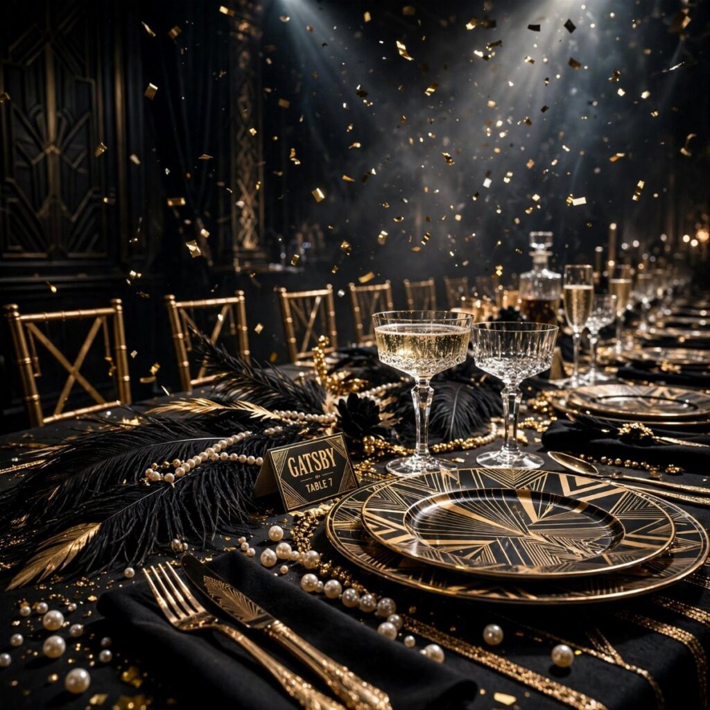 Art Deco table setting with gold and black plates, champagne coupes, pearls, and black feathers.