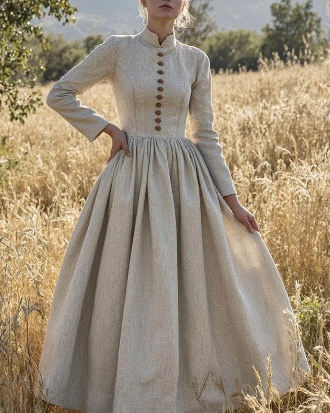 A person wearing a long-sleeved beige linen dress standing in a field of tall golden grass.